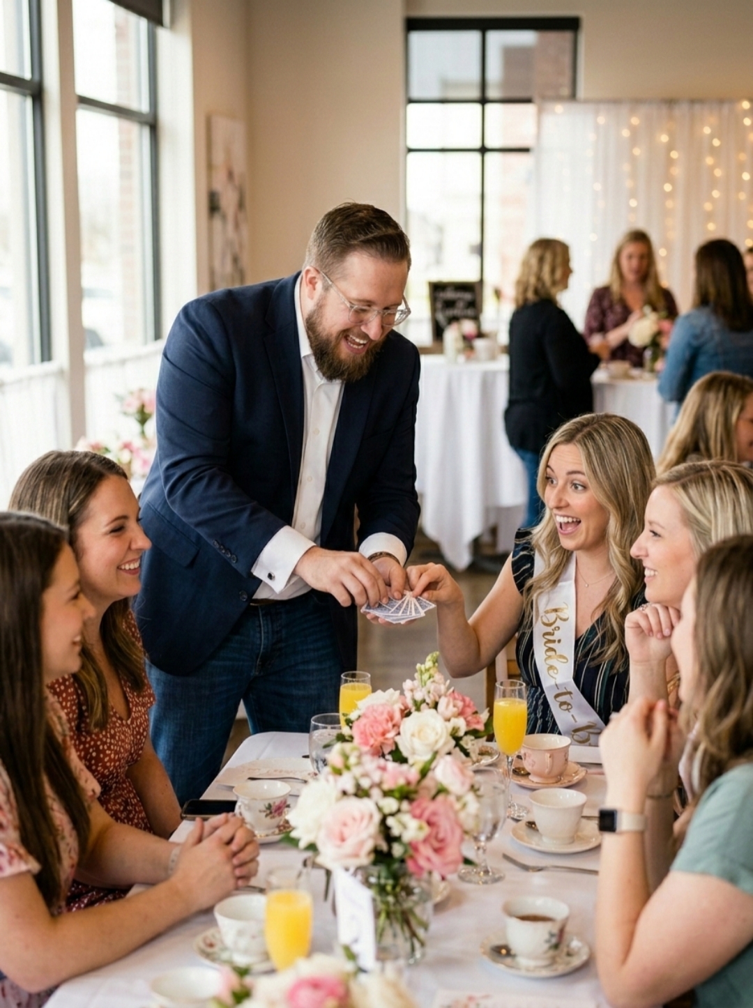 Chris Wheel performing close-up magic at a bridal shower