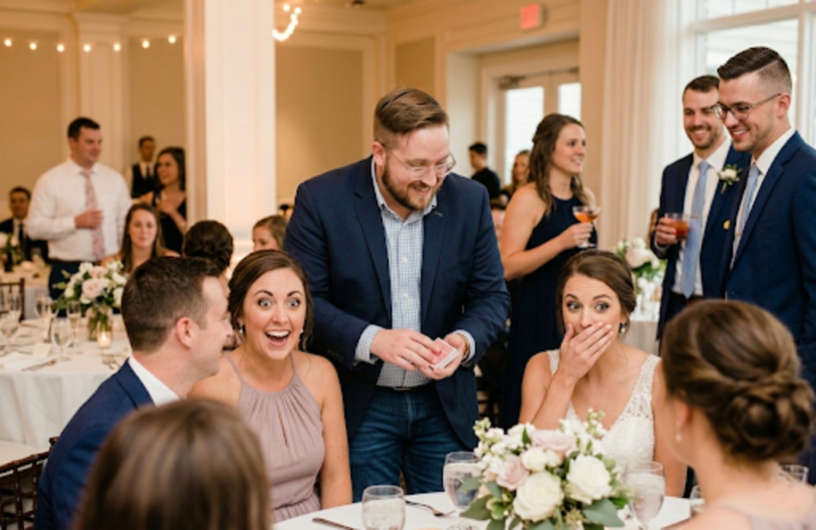 Wedding guests reacting with amazement during a magic performance at a reception