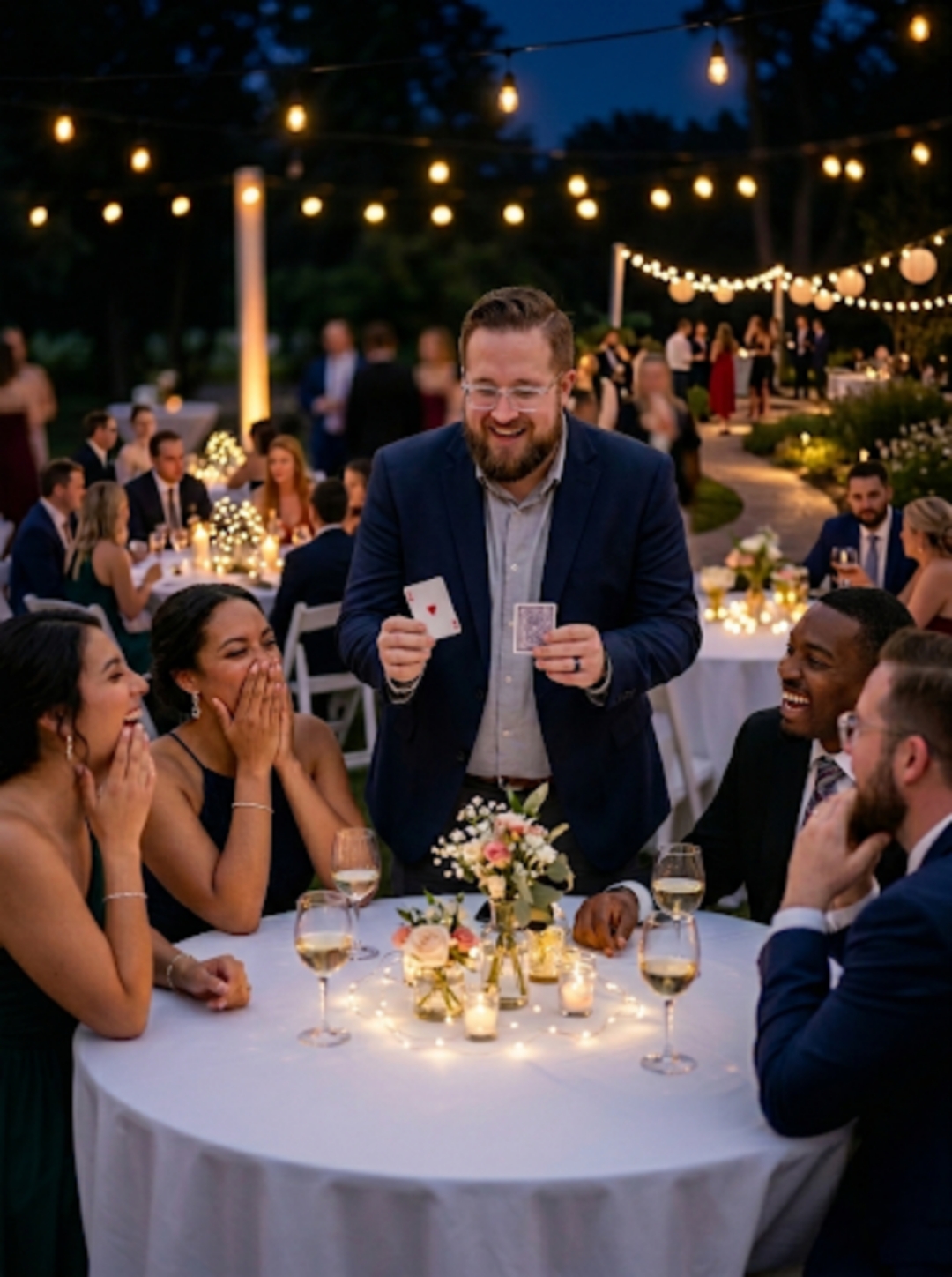 Evening outdoor wedding reception magic under string lights